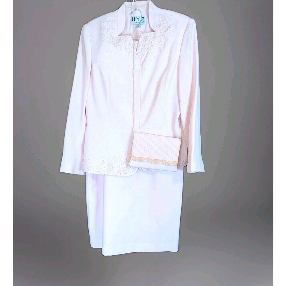 NYP Suits Vintage 90s Pastel Pink Sequin Skirt Suit & Matching Bag Fits 10/12